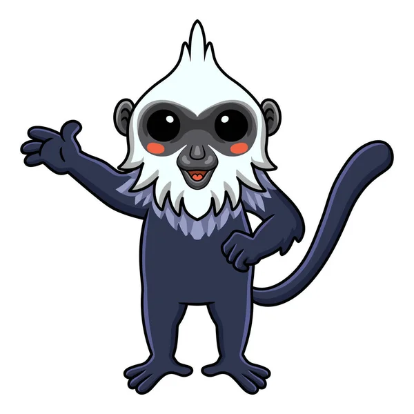 Vector Illustration Cute White Headed Langur Cartoon Waving Hand — Vector de stock