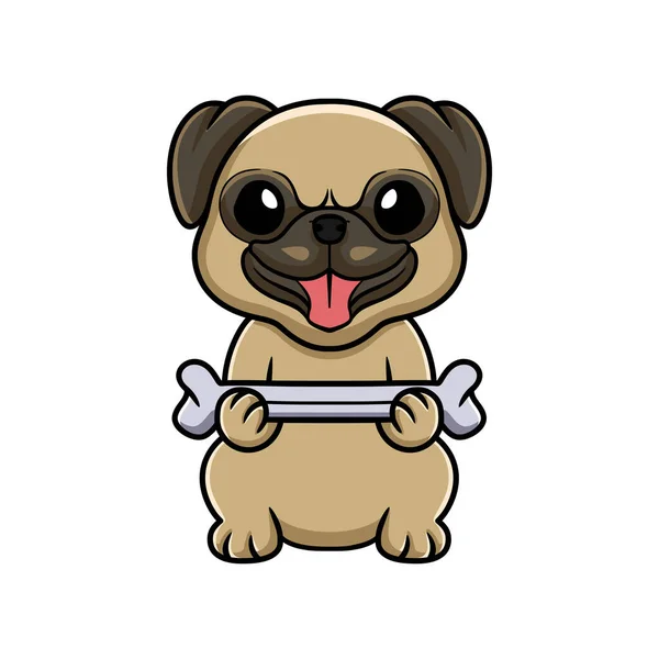 Vector Illustration Cute Little Pug Dog Cartoon Holding Bone — Image vectorielle