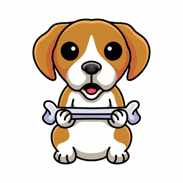 Vector Illustration Cute Little Beagle Dog Cartoon Holding Bone — 스톡 벡터