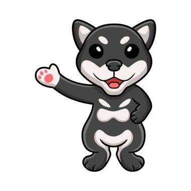 Vector illustration of Cute black shiba inu dog cartoon waving hand