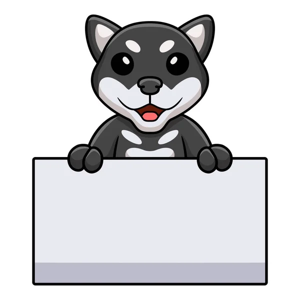 Vector Illustration Cute Black Shiba Inu Dog Cartoon Holding Blank — Stockvector