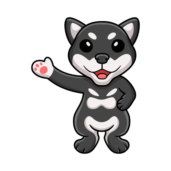 Vector Illustration Cute Black Shiba Inu Dog Cartoon Waving Hand — Stockvektor