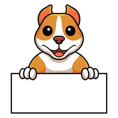 Vector illustration of Cute little pitbull cartoon holding blank sign