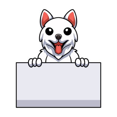 Vector illustration of Cute samoyed dog cartoon holding blank sign