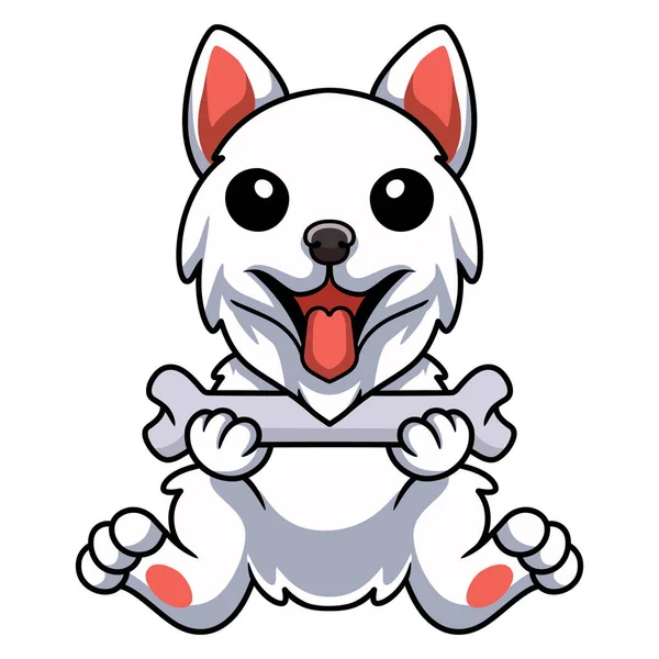 Vector Illustration Cute Samoyed Dog Cartoon Holding Bone — 스톡 벡터