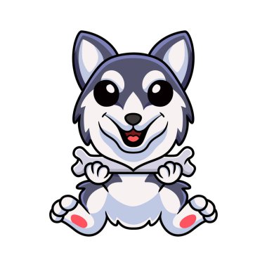Vector illustration of Cute siberian husky dog cartoon holding a bone