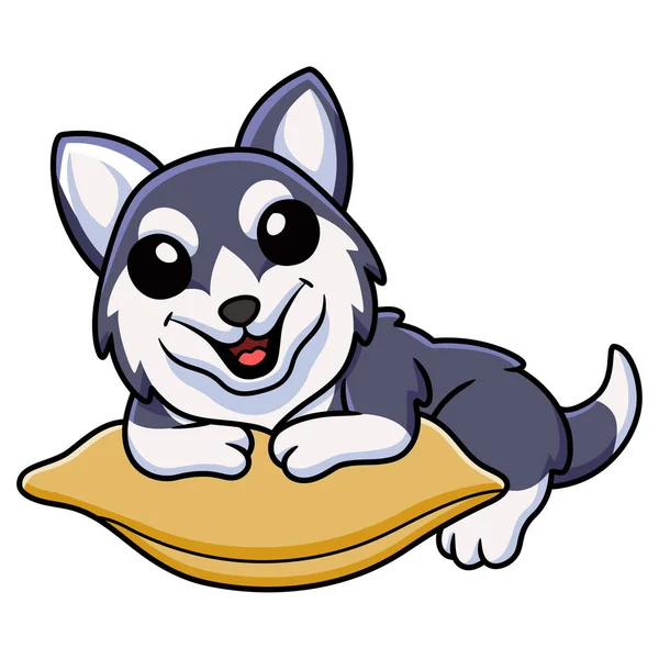 Διάνυσμα Εικονογράφηση Του Χαριτωμένο Σιβεριανό Husky Σκυλί Γελοιογραφία Στο Μαξιλάρι — Διανυσματικό Αρχείο