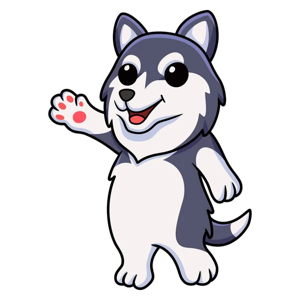 Cute Siberian Husky Dog Cartoon Waving Hand — Stok Vektör