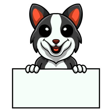 Vector illustration of Cute border collie dog cartoon holding blank sign