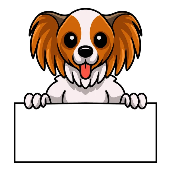 Vector Illustratie Van Leuke Papillon Hond Cartoon Houden Blanco Teken — Stockvector