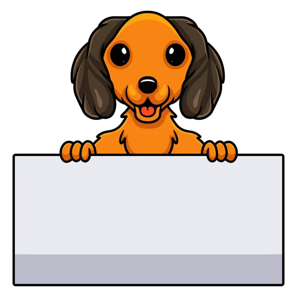 Ilustración Vectorial Lindo Perro Salchicha Dibujo Animado Sosteniendo Signo Blanco — Vector de stock