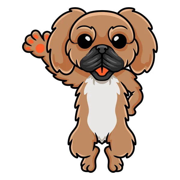 Ilustración Vectorial Lindo Pequeño Pekinés Perro Dibujos Animados Agitando Mano — Vector de stock