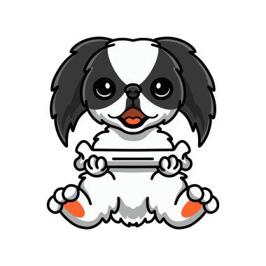 Elinde kemik tutan sevimli Japon çene köpek çizgi filminin vektör çizimi.