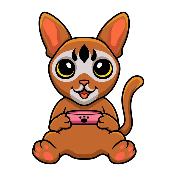 Illustration Vectorielle Mignon Dessin Animé Abyssinien Chat Tenant Bol Nourriture — Image vectorielle