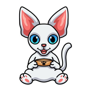 Yemek kasesi taşıyan Şirin Devon Rex kedi çizgi filminin temsilcisi.