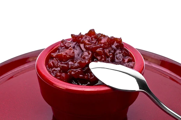 A jar of jam with silver spoon — Stock Photo, Image