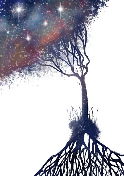 Silhouette of a tree on a cosmic background