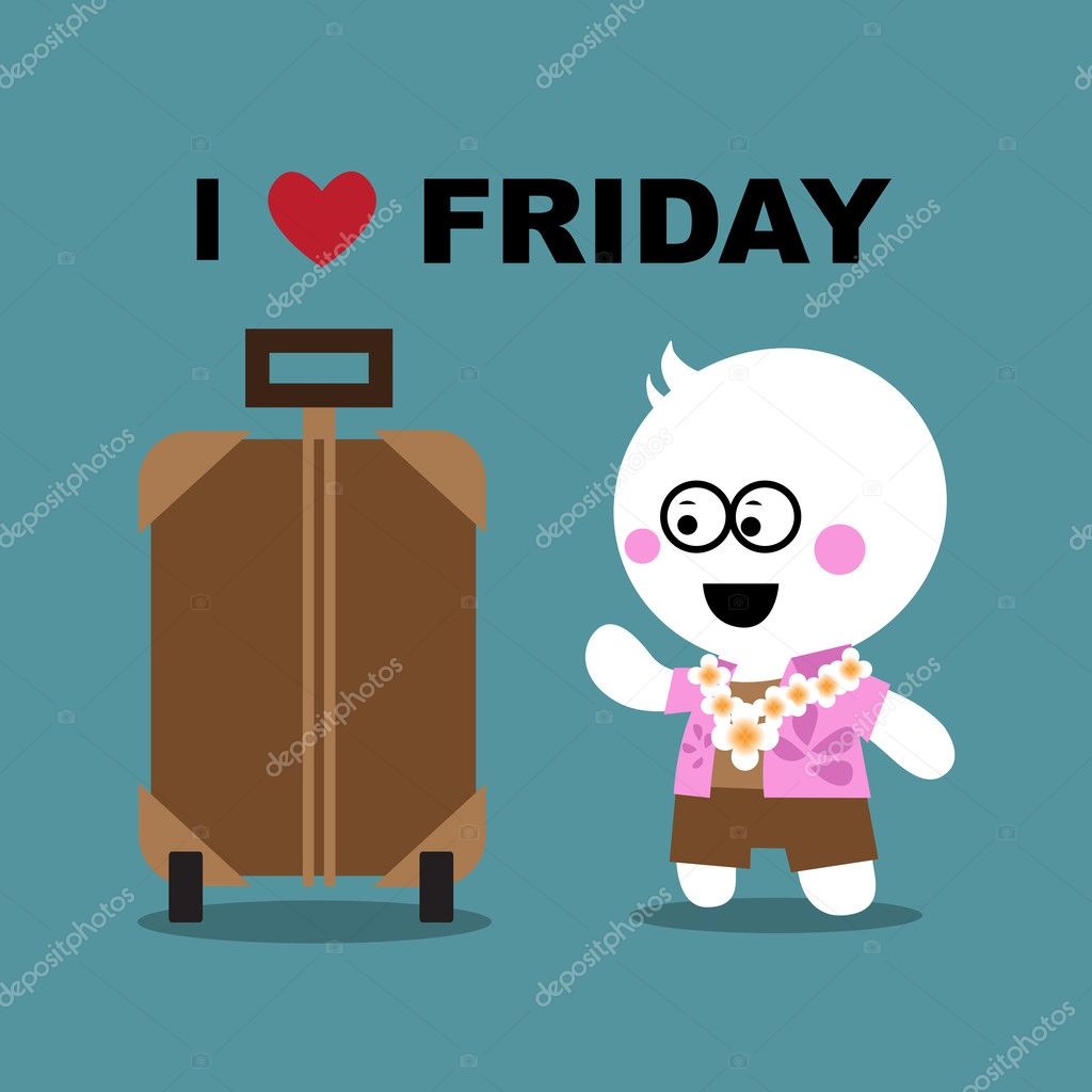 Happy business man and travel bag on Friday ready to travel long weekend