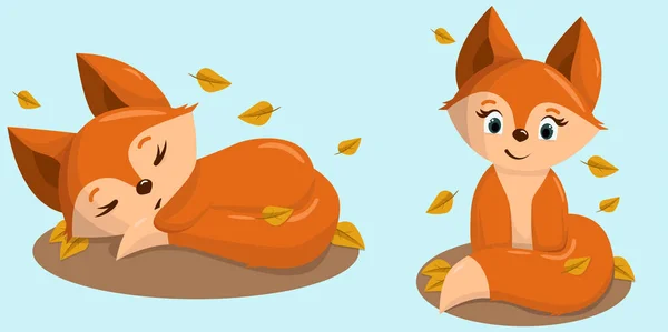 Set Cute Fox Set Vector Images Wild Animals Illustration Perfect —  Vetores de Stock