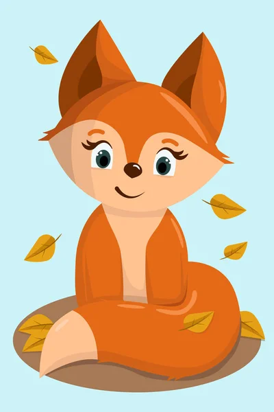 Cute Fox Cub Foliage Autumn Drawing Sitting Fox Cub Illustration — 스톡 벡터