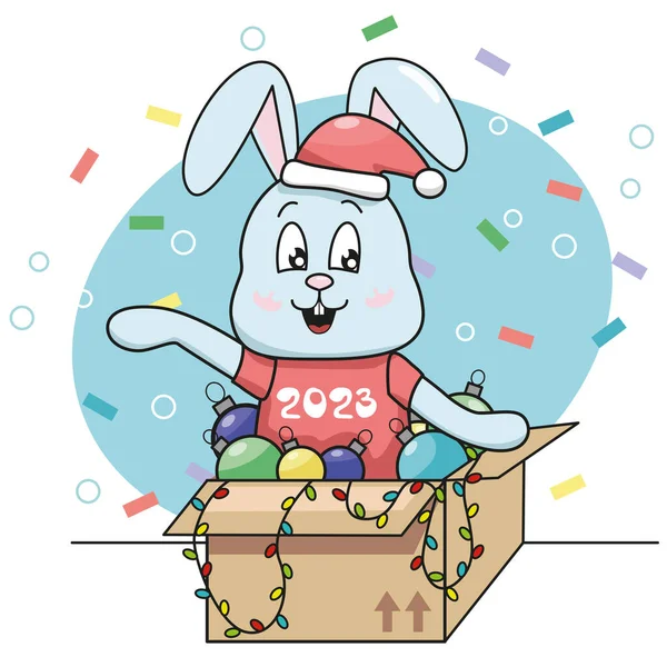 Cheerful Hare Box Christmas Decorations Blue Rabbit Symbol 2023 Christmas — Stock vektor
