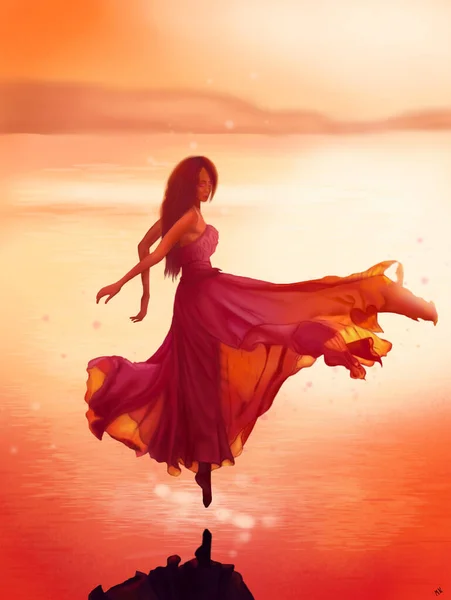 Sunny Girl Magical Illustration Girl Beautiful Dress Background Sunset — Stock Photo, Image