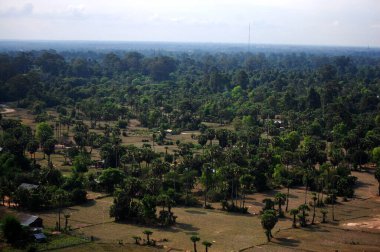 SiemReap şehrinde Angkor Wat 'ın çeltik pirinç tarlasının bulunduğu küçük köy manzarası balon sineğinden gezginlere Siem Reap, Kamboçya' ya seyahat ziyaretini getiriyor.
