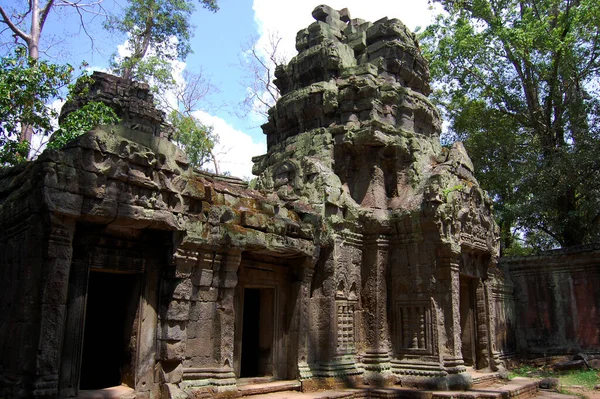 木の根と古代遺跡アンティークの建物プラサート プロームまたはカンボジアの人々のためのアンコールワットの祖先ブラフマ寺院カンボジアのシェムリアップでアンコールトムでの祈りを尊重して旅行 — ストック写真