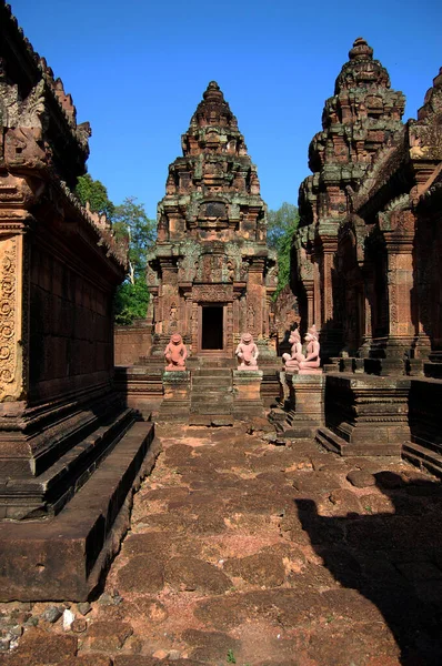 Skulptur Die Antike Ruinen Schnitzte Antikgebäude Prasat Banteay Srei Oder — Stockfoto