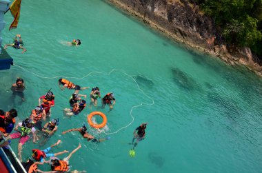 Taylandlılar ve yabancı gezginler 28 Mayıs 2011 'de Trat, Tayland' da, Koh Chang adasında yüzme ve dalış yaparken mercan ve güzel küçük balıklar görüyorlar.