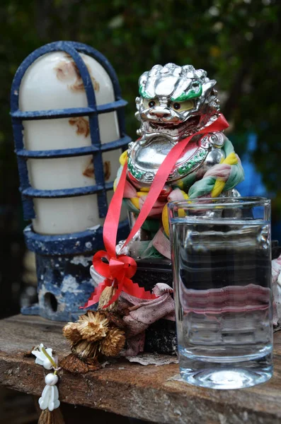 Estátua Guardiã Leão Figura Singha Estilo Chinês Pátio Frente Restaurante — Fotografia de Stock