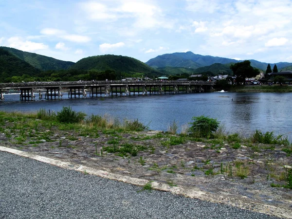 View Landscape Mountain Forest Togetsukyo Bridge Japanese People Foreign Travelers — 图库照片