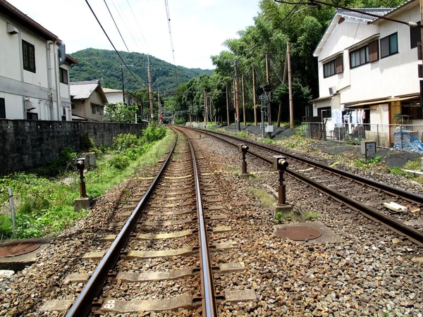 Railway Track Sagano Torokko Romantic Train Japanese People Foreign Travelers — стоковое фото