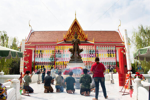 King Thao Wessuwan or Vasavana Kuvera giant statue for thai people travel visit and respect praying at Wat Phang Muang temple in Si Prachan at Suphanburi on January 27, 2022 in Suphan Buri, Thailand