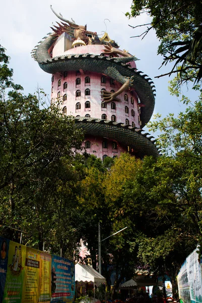 Edificio Della Torre Esterna Con Serpente Naga Drago Cinese Popolo — Foto Stock