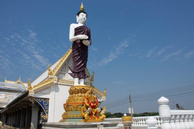 Buda heykeli, Tayland 'ın Nakhon Pathom kentindeki Wat Charoen Rat Bamrung ya da Nong Pong Nok Tapınağı' nda dua eden gezginler için bağış kasesi ya da Pang Umbat tutarak ayakta duruyor.