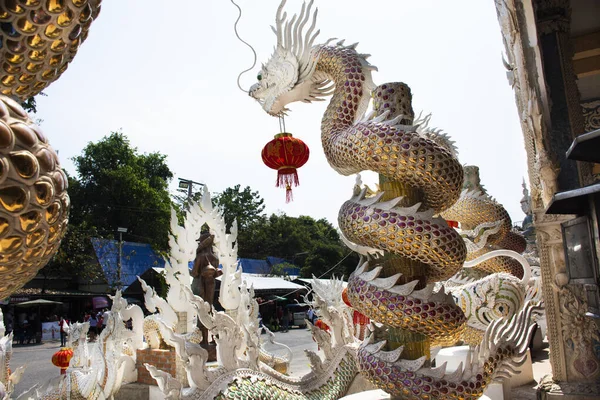 Art Dragon Statue Hanging Red Chinese Lantern Wat Pracha Rat — Stock Photo, Image
