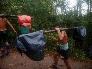 Gezgin thai insanları yağmurluk giyer ve işçi hamal yürüyüş yolu taşır ya da seyahat için dağdan dağa tırmanır ve sis bulutu yağarken Loei, Tayland 'daki Phu Kradueng Ulusal Parkı' na yağar.