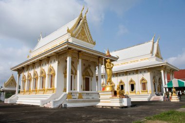 Taylandlılar ve yabancı gezginler için beyaz ubosot kilisesi inşa eden antik mimari ziyaret ve Buda 'nın Tayland, Nonthaburi' deki Wat Tanot tapınağındaki kutsal ibadeti kutsamasına saygı göster.