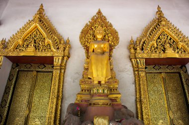 Tayland 'ın başkenti Nonthaburi' de bulunan Bang Kruai şehrindeki Wat Pho Bang O tapınağına seyahat eden yabancı gezginler için antik Buda heykeli.
