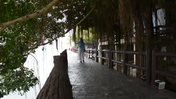 Reisende Thailändische Frauen Reisen Besuch Und Wandern Entspannen Auf Steinbrücke — Stockvideo