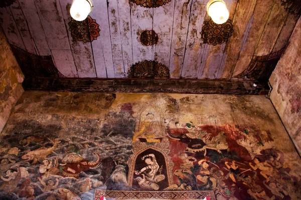 Architecture Ancient Design Frescoes Mural Antique Interior Building Ubosot Thai — Foto de Stock