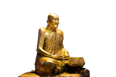 Ancient golden Luang Pu Yam monk and buddha statue for thai people and foreign traveler travel visit and respect praying blessing holy worship at Wat Takhian or Ta Khian temple in Nonthaburi, Thailand