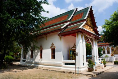 Ancient old ordination hall or antique ubosot church for thai people travelers visit and respect praying buddha blessing holy worship at Wat Tamnak Tai temple on March 20, 2022 in Nonthaburi, Thailand