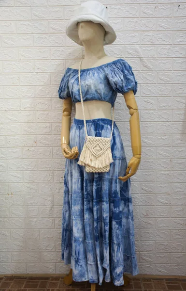 Beautiful cotton dress casual fashion with local folk wisdom indigo handmade tie dye for show and sale online social at studio shop in Bangbuathong city of Nonthaburi, Thailand