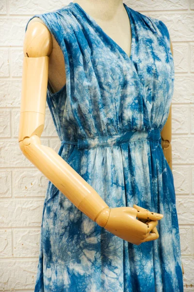 Beautiful cotton dress casual fashion with local folk wisdom indigo handmade tie dye for show and sale online social at studio shop in Bangbuathong city of Nonthaburi, Thailand