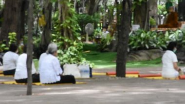 Taylandlılar dini törenlere katılıyor ve meditasyon yapıyor. Buda 'yla birlikte dua ediyor ve Tayland, Nonthaburi' deki Wat Sangkhatan Tapınağı 'ndaki meditasyon parkında kutsal ibadeti kutsuyorlar.