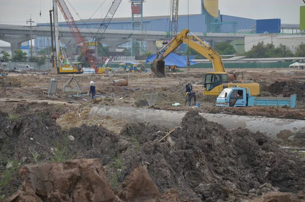 Asian Labor People Thai Labour Workers Use Machine Heavy Machinery — Stock Photo, Image