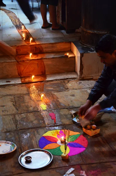 Sacrificial Offering Rangoli Powder Sand Paint Coloured Nepalese Style Nepali — ストック写真