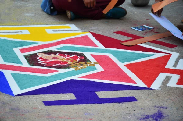 Sacrificial offering and Rangoli powder or sand paint coloured nepalese style for nepali people respect praying rite offer to deity in diwali festival of lights of major celebrated in Kathmandu, Nepal